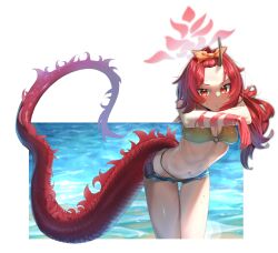 Rule 34 | 1girl, absurdres, bare shoulders, bent over, bikini, blue archive, blush, breasts, denim, denim shorts, dragon girl, dragon horns, dragon tail, halo, highres, horns, long hair, looking at viewer, navel, official alternate costume, red eyes, red hair, renge (blue archive), renge (swimsuit) (blue archive), shorts, simple background, single horn, smile, solo, standing, stomach, swimsuit, tail, walking nakta, yellow bikini