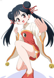 1girl absurdres black_hair cardcaptor_sakura china_dress chinese_clothes clenched_hand commentary_request cynical_(llcbluckg_c004) double_bun dress hair_bun highres li_meiling long_sleeves looking_at_viewer open_mouth red_dress red_eyes red_shoes shoes shorts simple_background solo twintails white_background white_shorts wide_sleeves