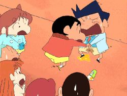 3girls 4boys animated animated_gif black_hair boo-chan crayon_shin-chan juice kazama_tooru lowres multiple_boys multiple_girls nohara_shinnosuke orange_juice pants qvga sato_masao satou_masao shorts suzuki_bo sweatdrop yaoi