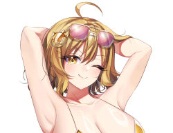 Rule 34 | 1girl, ahoge, anis (nikke), anis (sparkling summer) (nikke), bikini, breasts, brown hair, cleavage, commentary, cropped, english commentary, eyepatch bikini, eyewear on head, goddess of victory: nikke, gold bikini, highres, jewelry, large breasts, looking at viewer, necklace, official alternate costume, short hair, smile, solo, sunglasses, swimsuit, white bikini, yu uyake15