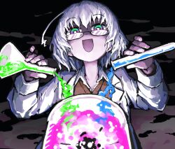 1girl ahoge coat collared_shirt flask glasses green_eyes hair_between_eyes highres holding kagaku_chop lab_coat long_sleeves multicolored_eyes open_clothes open_coat open_mouth pink_eyes pouring purple_eyes shirt short_hair simple_background solo suzuzono_sai test_tube upper_body white_coat white_hair yachima_tana