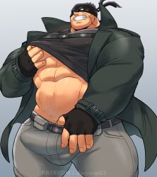 Rule 34 | 1boy, abs, artist name, bara, black coat, black shirt, boku no hero academia, bulge, clothes lift, coat, commentary, covered erect nipples, covered pectorals, dogoronumber3, english commentary, fingerless gloves, gloves, grey pants, grin, hand on own chest, highres, knuckleduster (boku no hero academia), looking at viewer, masked, muscular, muscular male, navel, nipple stimulation, nipple tweak, paid reward available, pants, patreon username, pectorals, scar, scar on face, shirt, shirt lift, smile, vigilante -boku no hero academia: illegals-