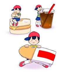 bad_tag black_hair burger child cup disposable_cup eating hash_browns hat mother_(series) mother_2 ness_(mother_2) nintendo red_hat shirt shota striped_clothes striped_shirt super_smash_bros.