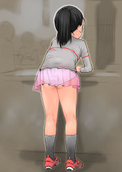 1girl ass bent_over black_hair black_socks blush breasts flat_chest from_behind grey_shirt j7w loli long_hair long_sleeves panties pink_skirt ponytail red_footwear see-through_clothes see-through_skirt shirt shoes skirt small_breasts sneakers socks underwear voyeurism white_panties