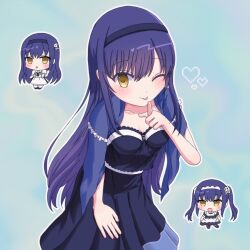 1girl ;p apron aqua_background black_camisole black_hair black_hairband black_skirt blue_capelet blush bone_hair_ornament breasts camisole capelet chibi chibi_inset closed_mouth collarbone commentary_request cowboy_shot finger_to_mouth frilled_apron frilled_capelet frills hair_between_eyes hair_ornament hairband hand_up heart index_finger_raised kushima_kamome long_hair looking_at_viewer maid maid_apron maid_headdress medium_breasts medium_skirt official_alternate_costume official_alternate_hairstyle one_eye_closed outline pixel_heart popperapi sailor_collar school_uniform serafuku sidelocks simple_background skirt skull_and_crossbones skull_hair_ornament smile solo straight_hair summer_pockets summer_pockets_school_uniform tongue tongue_out twintails very_long_hair white_apron white_outline white_sailor_collar white_serafuku yellow_eyes