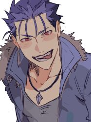 1boy black_shirt blue_hair blue_jacket collarbone collared_jacket commentary cu_chulainn_(fate) earrings fate/stay_night fate_(series) fur-trimmed_collar fur_trim highres jacket jewelry jooojooo_oo looking_at_viewer male_focus open_clothes open_jacket piercing popped_collar red_eyes shirt simple_background smile solo symbol-only_commentary teeth tongue tongue_out upper_body v-neck white_background