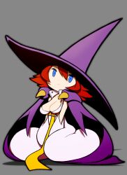 1girl beeru_(veil8801) blue_eyes bodysuit breasts cape cleavage closed_mouth collarbone frown full_body grey_background hair_between_eyes hat highres large_breasts purple_cape purple_hat red_hair short_hair simple_background sitting solo tabasa warzard white_bodysuit witch_hat