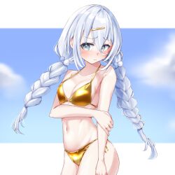 1girl bikini blue_hair blue_sky braid breasts cloud commentary_request cowboy_shot embarrassed gold_bikini grey_eyes gyuu. hair_between_eyes hair_ornament hairclip highres long_hair looking_at_viewer low_twintails medium_breasts side-tie_bikini_bottom sky solo suzutuki_sui swimsuit twin_braids twintails varium virtual_youtuber