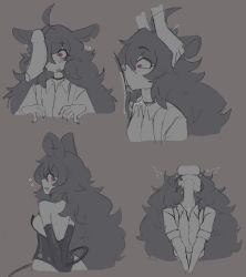 1girl absurdres ahoge animal_ears arms_behind_back blush borrowed_character breasts cheek_bulge collared_shirt deepthroat disembodied_penis doce elbow_gloves fellatio from_behind gloves grey_background greyscale hair_over_one_eye hands_on_another&#039;s_head hetero highres irrumatio leotard long_hair looking_back monochrome mouse_ears mouse_girl mouse_tail multiple_views nail_polish open_mouth oral original penis penis_on_face purple_eyes shirt sideboob simple_background sketch suspenders tail testicles uncensored