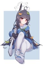 1girl absurdres ahoge animal_ear_hairband animal_ears armband black_armband black_gloves black_hair blue_archive blue_background blue_serafuku blunt_bangs bolt_action bright_pupils commentary_request fake_animal_ears full_body furrowed_brow gloves green_neckerchief grey_halo gun hairband halo highres holding holding_weapon knees_up leaf leaf_on_head light_blush light_frown long_hair looking_at_viewer miyu_(blue_archive) mosin-nagant neckerchief pantyhose pleated_skirt rabbit_ears red_eyes rifle sailor_collar school_uniform serafuku shadow shinba233 shoes sidelocks sitting skirt sneakers sniper_rifle solo two-tone_background very_long_hair weapon white_background white_hairband white_pantyhose white_pupils white_sailor_collar white_shoes