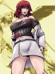 Rule 34 | 1girl, black shirt, breasts, commentary request, cowboy shot, hanemikakko, horikawa raiko, jacket, large breasts, looking at viewer, off-shoulder shirt, off shoulder, open mouth, orange eyes, red hair, shirt, short hair, skirt, smile, solo, touhou, white jacket, white skirt, yellow background