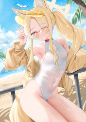 1girl absurdres animal_ear_fluff animal_ears arm_up bare_shoulders beach blonde_hair blue_archive blue_sky blush breasts closed_mouth cloud covered_navel cross_halo diamond_cutout dot_nose extra_ears eyes_visible_through_hair fingernails fox_ears fox_girl fox_tail hair_over_one_eye half-closed_eyes halo highleg highleg_one-piece_swimsuit highres jacket jinmuxi_(user_pvha4443) loli long_hair long_sleeves looking_at_viewer ocean off_shoulder official_alternate_costume official_alternate_hairstyle one-piece_swimsuit orange-tinted_eyewear pink_eyes seia_(blue_archive) seia_(swimsuit)_(blue_archive) side_ponytail sky small_breasts smile solo sunglasses sweat swimsuit tail thighs tinted_eyewear v very_long_hair visor_cap yellow_halo yellow_jacket yellow_visor