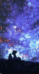 1girl animal artist_name cloud cloudy_sky comfydant_(fulgur_ovid) dog enki_(enkiriin) field flower flower_field from_behind fulgur_ovid hat highres looking_afar millie_parfait night night_sky nijisanji nijisanji_en outdoors ram_(animal) scenery sheep sky star_(sky) starry_sky virtual_youtuber witch_hat