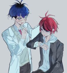 2boys alternate_costume antenna_hair black_hair black_jacket blue_hair blush chin_piercing clipboard commentary_request drawstring earrings eyepatch face_piercing gauze_on_hand grey_background grey_sweater highres holding holding_clipboard holding_pen hood hoodie jacket jacket_over_hoodie jewelry korean_commentary lab_coat lapels long_sleeves male_focus multicolored_hair multiple_boys necktie notched_lapels omokage_yugamu ooomaae open_clothes open_jacket open_mouth pen piercing red_hair red_necktie scar scar_across_eye scar_on_face short_hair simple_background smile streaked_hair sumino_takumi sweat sweater the_hundred_line_-last_defense_academy- two-tone_hair v-shaped_eyebrows white_hoodie yaoi