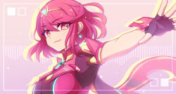 1girl black_gloves chest_jewel closed_mouth earrings enni fingerless_gloves floating_earring gloves highres jewelry outstretched_arm pyra_(xenoblade) red_eyes red_hair short_hair solo swept_bangs tiara upper_body xenoblade_chronicles_(series) xenoblade_chronicles_2