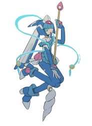 Rule 34 | 1girl, android, apron, armor, blue apron, blue armor, blue eyes, blue helmet, fairy leviathan (mega man), forehead jewel, helmet, highres, holding, holding weapon, mega man (series), mega man zero (series), polearm, robot girl, solo, spear, vani (hisha 04), weapon