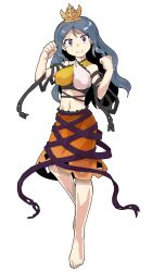 arm_ribbon arm_up barefoot black_ribbon blue_hair chirizuka_ubame clenched_hand dairi dress fossilized_wonders frilled_dress frilled_skirt frills hair_ornament halterneck highres knee_up long_hair midriff multicolored_dress nipples open_mouth orange_skirt purple_eyes purple_ribbon raised_eyebrows ribbon skirt sparkling_eyes standing standing_on_one_leg tachi-e touhou waist_ribbon wide-eyed worried