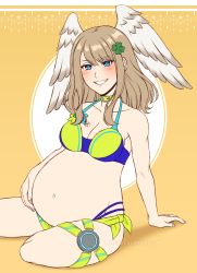 1girl absurdres adricarra bikini blue_eyes blush breast_tattoo breasts brown_hair choker cleavage clover eunie_(xenoblade) four-leaf_clover head_wings highres looking_at_viewer medium_breasts misscherrylle navel pregnant sitting smile solo swimsuit tattoo bikini white_wings wings xenoblade_chronicles_(series) xenoblade_chronicles_3