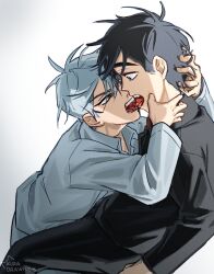 Rule 34 | 2boys, alien stage, black eyes, black hair, black shirt, collared shirt, commentary, english commentary, gem, green eyes, grey hair, grey shirt, highres, holding, holding gem, ivan (alien stage), kuradrawings, long sleeves, male focus, mouth hold, multiple boys, open mouth, red pupils, shirt, signature, till (alien stage), yaoi