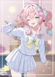1girl ;o alternate_costume aqua_eyes aqua_hair blue_shirt blue_skirt chouzetsusaikawa_tenshi-chan chouzetsusaikawa_tenshi-chan_(cosplay) commentary_request cosplay drill_hair highres honkai:_star_rail honkai_(series) hyacine_(honkai:_star_rail) indoors kiina_(mrnsor) medium_hair multicolored_hair multicolored_nails needy_girl_overdose one_eye_closed pink_hair plant pleated_skirt potted_plant shirt skirt solo teeth twin_drills two-tone_hair upper_teeth_only v