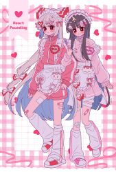 Rule 34 | 2girls, alternate costume, apron, bandaid, bandaid on leg, blush, bow, brown hair, closed mouth, commentary, crescent, crescent hair ornament, english text, fujiwara no mokou, grey hair, hair bow, hair ornament, hairpin, heart, highres, houraisan kaguya, jacket, jersey maid, leg warmers, locked arms, long hair, long sleeves, looking at viewer, maid, maid headdress, multiple girls, name tag, pink bow, pink jacket, rabbit hair ornament, red eyes, red jacket, red shorts, shoes, shorts, smile, star (symbol), ta mi 01000, touhou, track jacket, translated, unconventional maid, very long hair, waist apron, white apron, white bow, white leg warmers