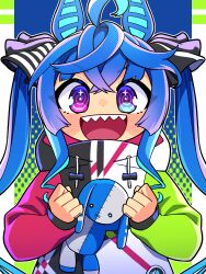 Rule 34 | 1girl, :d, @ @, absurdres, ahoge, animal ears, aqua hair, blue eyes, blue hair, blush, bow, clenched hands, commentary request, crossed bangs, drawstring, hair bow, halftone, hands up, heterochromia, highres, hood, hoodie, horse ears, horse girl, long hair, long sleeves, looking at viewer, multicolored hair, multicolored hoodie, open mouth, purple eyes, sharp teeth, sidelocks, smile, solo, straight-on, striped bow, stuffed animal, stuffed rabbit, stuffed toy, sumikawa (sumikawa8v), teeth, twin turbo (umamusume), twintails, two-tone hair, umamusume, upper body, upper teeth only, very long hair