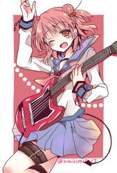 Rule 34 | 1girl, angel beats!, double bun, electric guitar, ever 17, guitar, hair bun, hibiki mio, holding, holding guitar, holding instrument, instrument, pink hair, school uniform, serafuku, shinda sekai sensen uniform, short hair, skirt, smile, solo, yagami coco