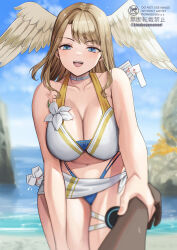 1girl 1other artist_name beach bikini blue_eyes blue_sky blurry blurry_background breasts brown_hair choker cleavage collarbone commentary cowboy_shot dark_skin day eunie_(xenoblade) feathered_wings head_wings highres holding_another&#039;s_wrist large_breasts leaning_forward looking_at_viewer medium_hair navel open_mouth outdoors pov pov_hands sky smile solo_focus swimsuit teeth upper_teeth_only white_bikini white_choker white_wings wings xenoblade_chronicles_(series) xenoblade_chronicles_3 yamamori_kinako