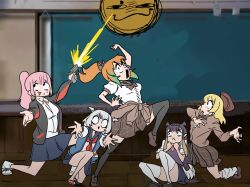 Rule 34 | 5girls, :d, beret, black legwear, blonde hair, blue hair, facing viewer, gawr gura, gun, handgun, hare hare yukai, hat, highres, holding, holding gun, holding weapon, hololive, hololive english, holomyth, jacket, kneeling, long hair, loose socks, mori calliope, multiple girls, ninomae ina&#039;nis, on one knee, open mouth, orange hair, pink hair, pleated skirt, ponytail, purple hair, sandals, school uniform, serafuku, skirt, smile, socks, suzumiya haruhi no yuuutsu, sweat, takanashi kiara, thighhighs, virtual youtuber, watson amelia, weapon, white thighhighs, zedd (zedgawr)