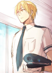 1boy blonde_hair blue_hat blue_necktie blue_sky breast_pocket closed_mouth cloud collared_shirt commentary_request day earrings expressionless gloves hair_between_eyes hat holding holding_unworn_clothes holding_unworn_hat indoors jewelry kise_ryouta kuroko_no_basuke male_focus necktie pocket pointy_nose police police_hat police_uniform shirt short_hair short_sleeves sky sleepy69 solo unworn_hat unworn_headwear upper_body walking watch white_gloves white_shirt window wristwatch yellow_eyes