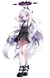 1girl absurdres ahoge alternate_costume armpits arms_behind_head black_dress black_necktie black_shoes blue_archive blush demon_girl demon_horns demon_wings dress highres hina_(blue_archive) horns long_hair looking_at_viewer necktie open_mouth panties parted_bangs purple_eyes september0405 shirt shoes sleeveless sleeveless_dress socks solo underwear white_hair white_panties white_shirt white_socks wings