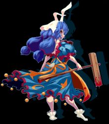 1girl ambiguous_red_liquid animal_ears apron black_background blue_dress blue_hair breasts crescent_print dress holding holding_mallet kine large_breasts long_hair looking_at_viewer looking_back low_twintails mallet mmmmatimmmmati one-hour_drawing_challenge orange_apron pixel_art rabbit_ears red_eyes seiran_(touhou) simple_background solo standing star_(symbol) star_print touhou twintails white_footwear