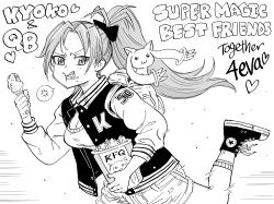 1girl absurdres anger_vein bb_(baalbuddy) breasts chicken_(food) cleavage eating english_text fried_chicken greyscale highres kfc kyubey looking_at_viewer mahou_shoujo_madoka_magica monochrome ponytail running sakura_kyoko shorts