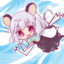 1girl :d animal_ears black_dress blue_capelet blush_stickers capelet chibi commentary_request dowsing_rod dress full_body grey_hair kasuga_yuuki long_sleeves mouse_ears mouse_girl mouse_tail nazrin open_mouth red_eyes round_teeth shirt sleeveless sleeveless_dress smile solo tail teeth touhou upper_teeth_only white_shirt wide_sleeves
