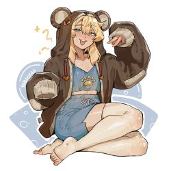1boy alohapz animal_hood artist_name bear_hood blonde_hair blue_eyes blue_shirt blue_shorts blush bridget_(guilty_gear) brown_hoodie button_eyes buttons collarbone crop_top drawstring guilty_gear guilty_gear_strive highres hood hoodie male_focus midriff open_mouth pajamas shirt shorts solo thick_thighs thighhighs thighs toeless_legwear toeless_socks trap v white_thighhighs