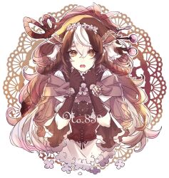 Rule 34 | 1girl, :o, aran sweater, braid, braided hair rings, braided sidelock, breasts, brown capelet, brown corset, brown gloves, brown hair, brown headscarf, cable knit, capelet, center frills, colored bangs, corset, cropped torso, doily, dress, dubwool, floral dissolve, flower, freckles, frilled sleeves, frills, frown, gen 8 pokemon, gloves, hair between eyes, hair flower, hair ornament, hair rings, hair stick, hand to own mouth, hands up, headscarf, highres, large breasts, lollypopcandy8050, long hair, looking at viewer, multicolored hair, nintendo, personification, pincushion, pokedex number, pokemon, rectangular pupils, scissors, scissors hair ornament, sewing pin, short eyebrows, solo, straight-on, streaked hair, sweater, teeth, three-quarter sleeves, upper teeth only, very long hair, wavy hair, white background, white dress, white hair, yellow eyes