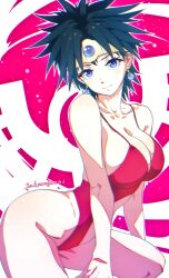1girl artist_name bare_shoulders black_hair blue_eyes blue_gemstone breasts chromatic_aberration circlet cleavage clothing_cutout collarbone commentary_request cowboy_shot dragon_quest dragon_quest_iii earrings gem gold_circlet head_tilt heroine_(dq3) highres jewelry large_breasts looking_at_viewer one-piece_swimsuit parted_hair pink_background red_one-piece_swimsuit revealing_swimsuit_(dq) roto&#039;s_emblem roto_(dq3) short_hair smile sphere_earrings spiked_hair stomach_cutout swimsuit tamago_tomato white_background