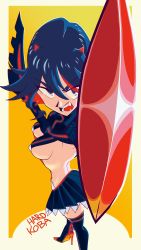 absurdres angry black_hair blue_eyes breasts eyebrows eyelashes hardkoba high_heels highres kill_la_kill looking_at_viewer matoi_ryuuko midriff multicolored_hair orange_background pleated_skirt red_highlight short_hair sidelocks skirt streaked_hair suspenders thighhighs underboob