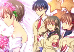 Rule 34 | 1boy, 3girls, :d, antenna hair, bare shoulders, black hair, blush, bouquet, bridal veil, brown hair, chinese commentary, clannad, closed eyes, closed mouth, commentary request, dress, earrings, flower, flower earrings, flower wreath, from side, furukawa nagisa, head wreath, holding, holding bouquet, holding hands, ibuki fuuko, ibuki kouko, jacket, jewelry, lliissaawwuu2, long hair, long sleeves, looking at another, medium hair, multiple girls, necklace, okazaki tomoya, open mouth, pink flower, pink rose, profile, rose, sailor collar, school uniform, short hair, siblings, sidelocks, simple background, sisters, smile, starfish, veil, wedding, wedding dress, white background, white sailor collar, yellow eyes, yellow jacket