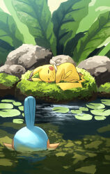 Rule 34 | 2others, closed eyes, closed mouth, gen 1 pokemon, gen 3 pokemon, highres, leaf, lily pad, long ears, looking at another, lying, mudkip, multiple others, nature, nintendo, no humans, on side, on water, partially submerged, pikachu, plant, pokemon, pokemon (creature), pokemon focus, pokemon mystery dungeon, rock, sleeping, tagme, water, yamaori (hakkentai pokedan)
