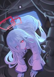 1girl absurdres ass blue_archive colored_skin commentary crawling dress english_commentary eyes_visible_through_hair hair_over_one_eye halo highres kei_(amas)_(blue_archive) kei_(blue_archive) kei_(new_body)_(blue_archive) light_smile long_hair long_sleeves looking_at_viewer myuf red_eyes red_halo ringed_eyes solo through_medium through_screen white_dress white_hair white_skin