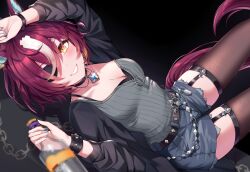 1girl absurdres animal_ears aqua_nails arm_up belt black_jacket black_thighhighs blue_nails blush bottle bracelet breasts brown_belt brown_hair chain choker cleavage commentary ear_ornament eyepatch feet_out_of_frame garter_straps gem grey_sweater grin highres holding holding_bottle horse_ears horse_girl horse_tail jacket jewelry long_sleeves looking_at_viewer lying medium_breasts multicolored_hair nail_polish necklace one_eye_covered open_clothes open_jacket ribbed_sweater sachiko_nya short_hair short_shorts shorts smile solo spiked_bracelet spikes streaked_hair sweater tail tanino_gimlet_(umamusume) teeth thigh_strap thighhighs two-tone_hair umamusume white_hair wine_bottle yellow_eyes
