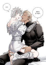 2boys astarion baldur&#039;s_gate baldur&#039;s_gate_3 blue_eyes crossdressing dark-skinned_male dark_skin dungeons_&amp;_dragons dungeons_&amp;_dragons earrings finger_in_another&#039;s_mouth hand_on_another&#039;s_thigh high_heels highres jewelry korean_text male_focus multiple_boys pale_skin red_eyes speech_bubble tav_(baldur&#039;s_gate) translation_request wild5lee yaoi