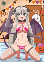 1girl :d absurdres ahoge alternate_costume bare_shoulders bat_(animal) bikini black_choker black_gloves black_horns blush breasts bug candy choker collarbone commentary_request covered_erect_nipples criss-cross_halter curled_horns curvy demon_girl demon_horns demon_wings elbow_gloves eyelashes fangs fishnet_thighhighs fishnets food full_body gloves green_eyes grey_hair hair_between_eyes haiyore!_nyaruko-san halloween halloween_costume halterneck hand_up happy happy_halloween heart heart_ahoge heart_choker highres holding holding_pumpkin horns huge_ahoge indoors jack-o&#039;-lantern large_breasts long_hair looking_at_viewer nail_polish navel no_shoes nyarlathotep_(nyaruko-san) o-ring o-ring_bikini o-ring_bottom o-ring_top open_mouth pink_bikini pumpkin red_nails silk skindentation smile solo spider spider_web spread_legs squatting stomach straight_hair swimsuit thighhighs thighs tiptoes toenail_polish toenails toes user_mhtt5573 very_long_hair wings