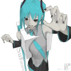 1girl bare_shoulders black_nails black_skirt blue_hair blue_necktie chinese_commentary collared_shirt colored_skin commentary_request cowboy_shot cube detached_sleeves empty_eyes grey_shirt grey_skin hands_up hatsune_miku highres long_hair looking_at_viewer maomi_jita mixed-language_commentary nail_polish necktie noclip open_mouth shirt simple_background skirt sleeveless sleeveless_shirt solo surreal twintails very_long_hair vocaloid white_background