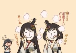 &gt;_&lt; 3girls brown_hair comic commentary_request coughing detached_sleeves closed_eyes fusou_(kancolle) hair_ornament japanese_clothes kantai_collection long_hair multiple_girls nontraditional_miko open_mouth pleated_skirt powder powder_puff saiguchi_otoufu school_uniform serafuku short_hair short_sleeves skirt smile translation_request ushio_(kancolle) wide_sleeves yamashiro_(kancolle) yellow_background