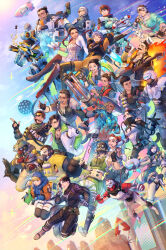 absurdres aircraft apex_legends beard bird black_hair blonde_hair blue_eyes braid brown_hair champagne_bottle character_request closed_eyes crypto_(apex_legends) dbox_2525 dirigible facial_hair fingerless_gloves gloves hat highres holding holding_knife hope&#039;s_dusk_(apex_legends) knife lifeline_(apex_legends) mask multiple_boys multiple_girls navel nessie_(respawn) octane_(apex_legends) open_mouth pathfinder_(apex_legends) rampart_(apex_legends) robot scar shock_sticks_(apex_legends) smile stuffed_toy wattson_(apex_legends)