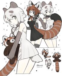 Rule 34 | 2girls, :3, :d, :o, animal, animal ears, animal hug, artist name, bamboo print, black dress, black eyes, black thighhighs, breasts, brown dress, brown hair, brown ribbon, check copyright, chibi, cleavage, closed mouth, collar, commentary, copyright request, cowboy shot, dot nose, double-parted bangs, dress, elbow gloves, english commentary, gloves, grey collar, grey eyes, grey gloves, grey hair, grey shoes, grey sleeves, hair between eyes, hand on own face, heart, highres, holding, holding animal, light blush, long sleeves, medium breasts, multicolored dress, multicolored hair, multiple girls, multiple views, neck ribbon, notice lines, open mouth, original, panda ears, panda girl, panda tail, pleated dress, red panda, red panda ears, red panda girl, red panda tail, ribbon, shoes, short hair, simple background, sleeveless, sleeveless dress, sleeves past wrists, smile, solid circle eyes, star (symbol), taonoinu, thighhighs, white background, white chemise, white hair, yin yang, yin yang print, zettai ryouiki