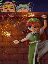 Rule 34 | 3girls, black hat, blonde hair, blue eyes, braid, brick wall, closed eyes, closed mouth, collared shirt, commentary request, crystal, crystal wings, cup, drinking glass, fireworks, flandre scarlet, green hair, green vest, hat, hat ornament, heart, heart of string, holding, holding fireworks, hong meiling, komeiji koishi, leg up, long hair, meiling day, mob cap, multicolored wings, multiple girls, one eye closed, orientalzenzai, pants, puffy short sleeves, puffy sleeves, red hair, shirt, short sleeves, side slit, smile, sparkler, star (symbol), star hat ornament, touhou, twin braids, very long hair, vest, white hat, white pants, white shirt, wine glass, wings
