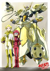 2girls amate_yuzuriha artesia_som_deikun ball_and_chain_(weapon) blonde_hair blue_eyes bodysuit breasts capelet chain character_pin closed_mouth commentary_request gundam gundam_gquuuuuux haro helmet highres holding holding_chain holding_helmet holding_weapon long_hair looking_at_viewer mask mecha mecha_pilot_suit mobile_suit multicolored_bodysuit multicolored_hair multiple_girls normal_suit_(gundam) one-eyed pilot_helmet purple_eyes red_hair robot sayla_mass science_fiction taiga_hiroyuki weapon zeon